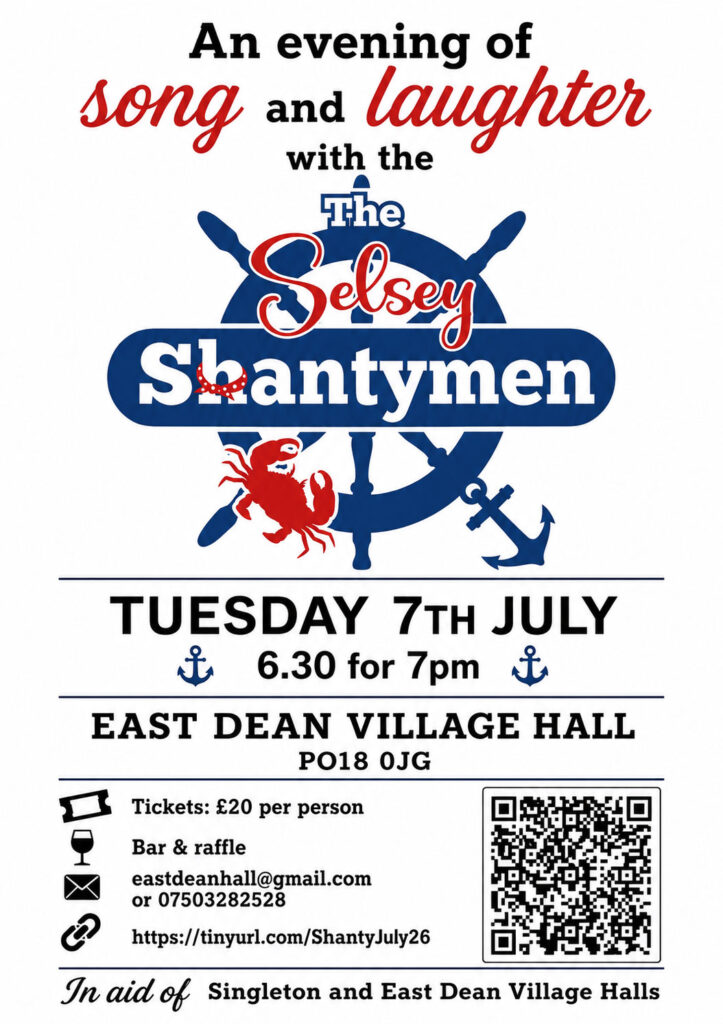 Flyer for "Shantymen" concert on July 7th at East Dean Village Hall